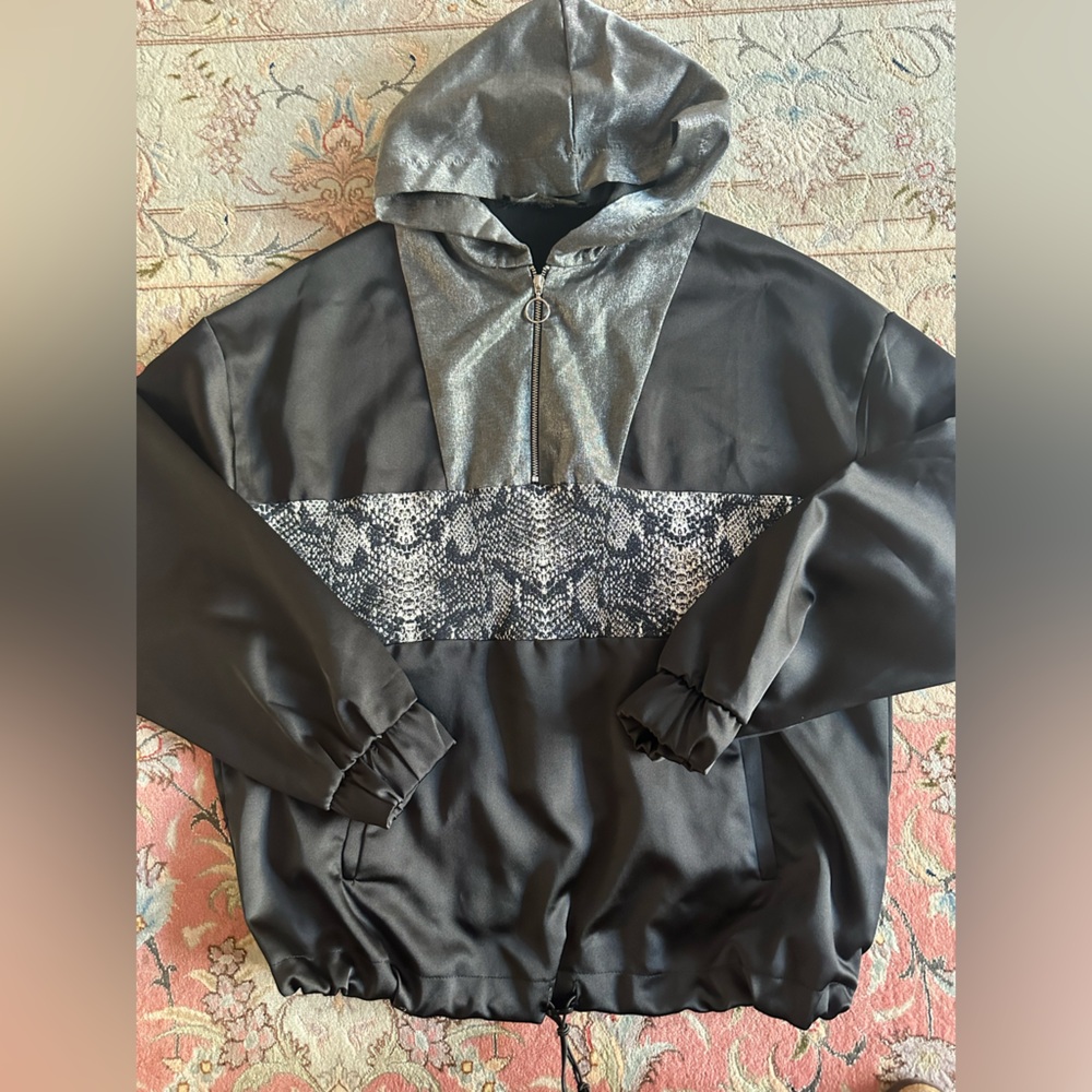 ZARA Black Satin hoodie Jacket with Snake-Effect Panel, Lightweight Outerwear XS